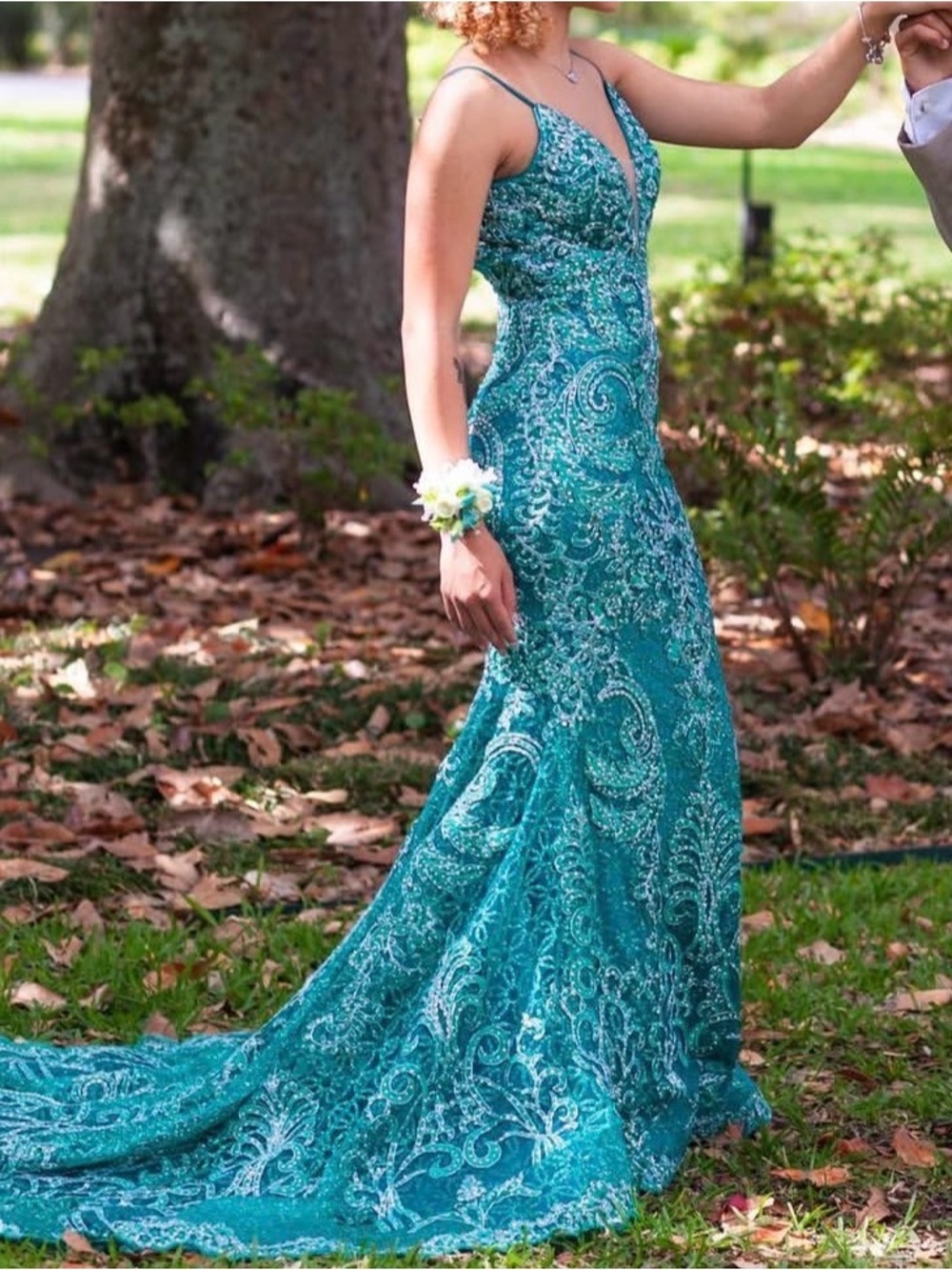 Rachel Allan Teal Embellished Lace Mermaid Gown